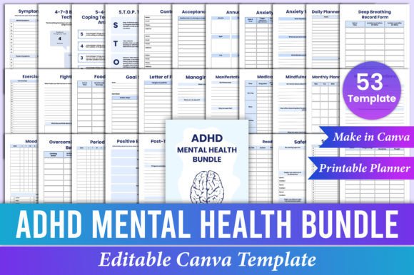 Download ADHD Mental Health Planner Bundle Canva - Health Collection